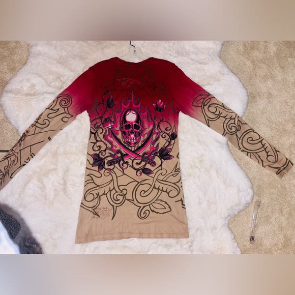 RARE Ed Hardy Red and Tan Graphic Long Sleeve Shirt or Dress - Picture 4 of 6